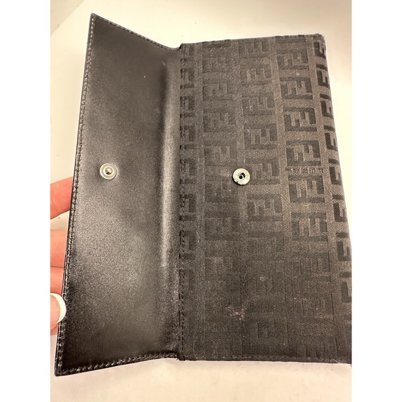 Fendi Long Wallet Zucca Monogram Black Leather Canvas Silver Buckle Authentic - Picture 3 of 13